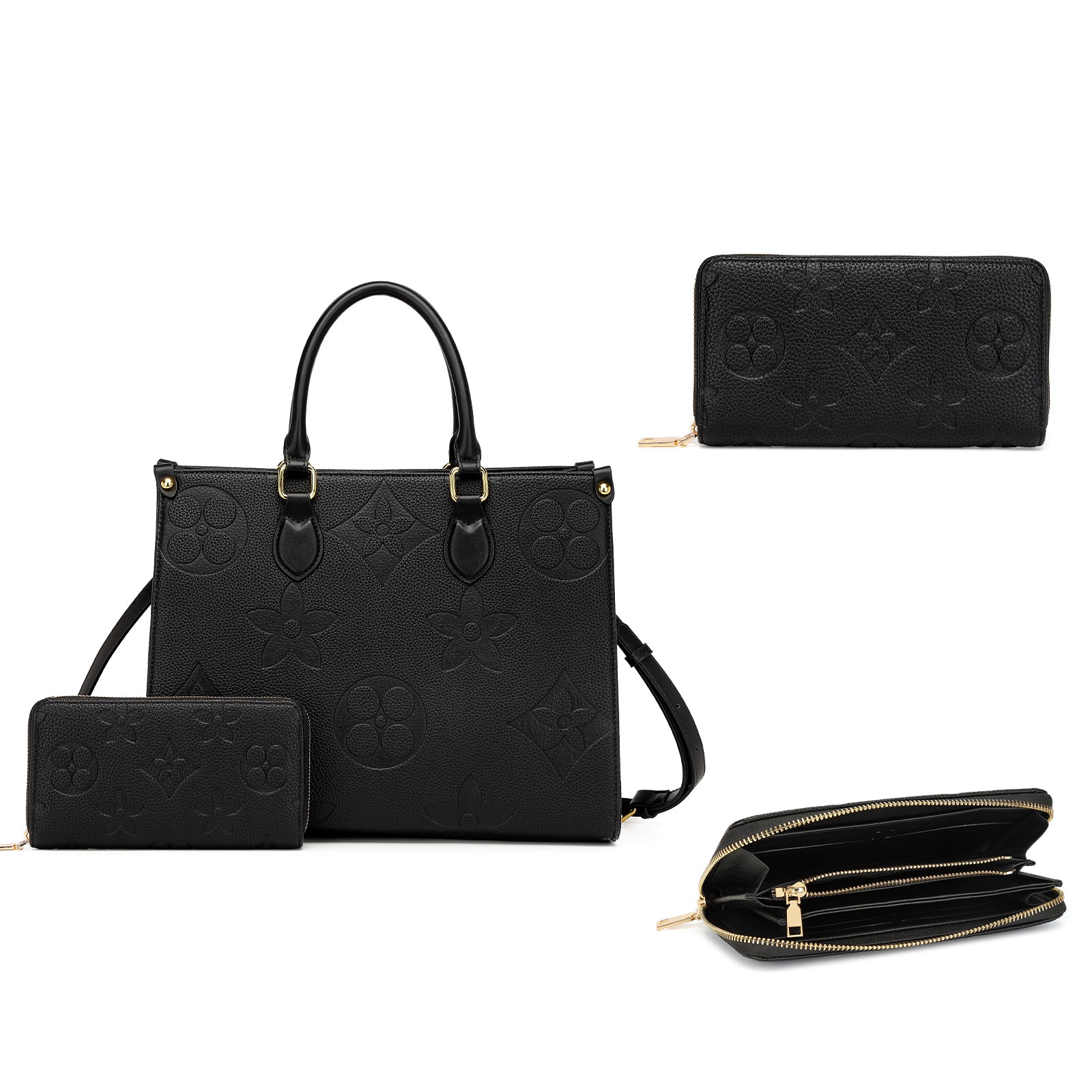 Designer-Inspired Onthego Style Tote Bag with Wallet & Crossbody Strap – Embossed Checkered Large Shoulder Bag9099BKL