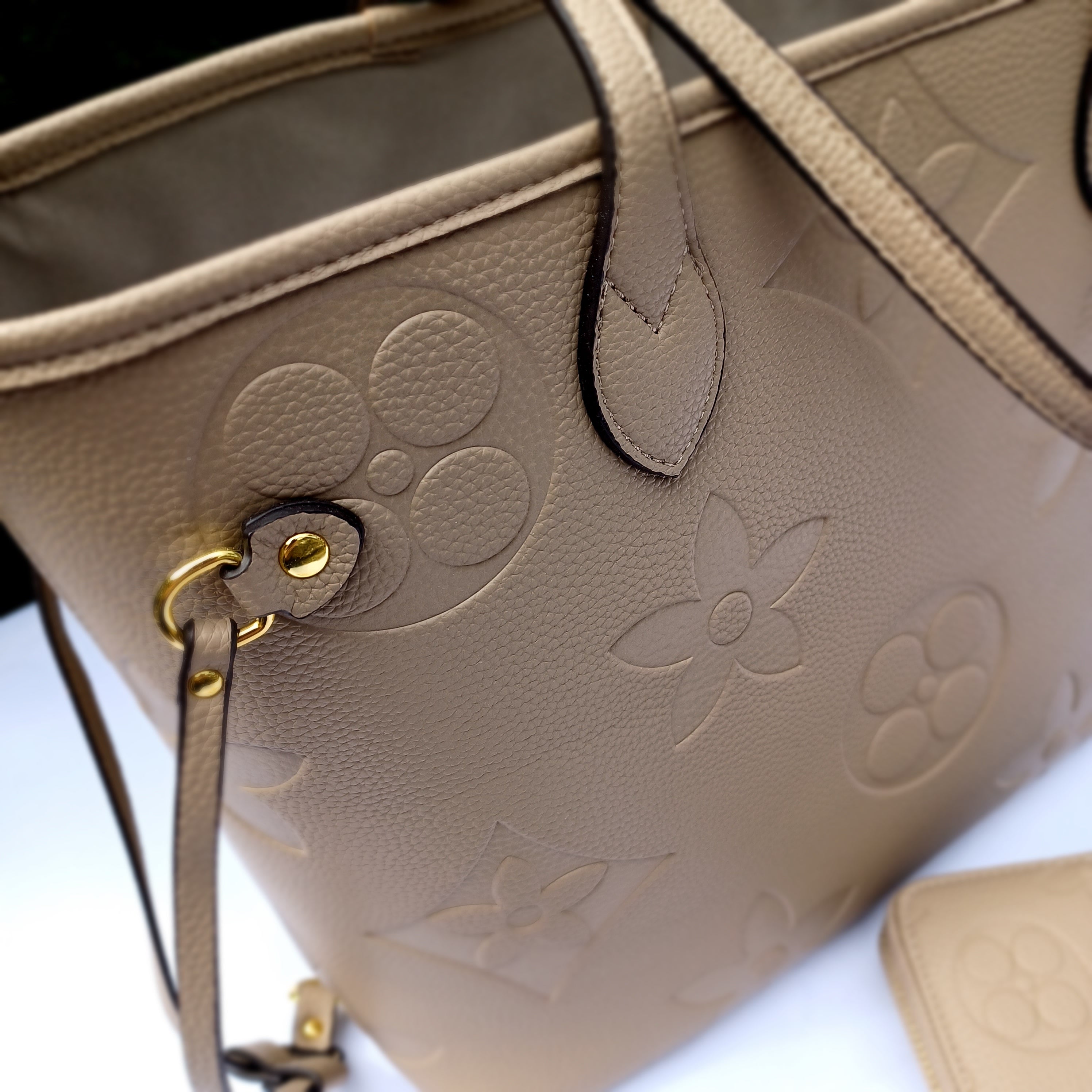 MilaKate Embossed Tote Bag with Wallet, Designer-Inspired. TaupeColor-LargePrint.