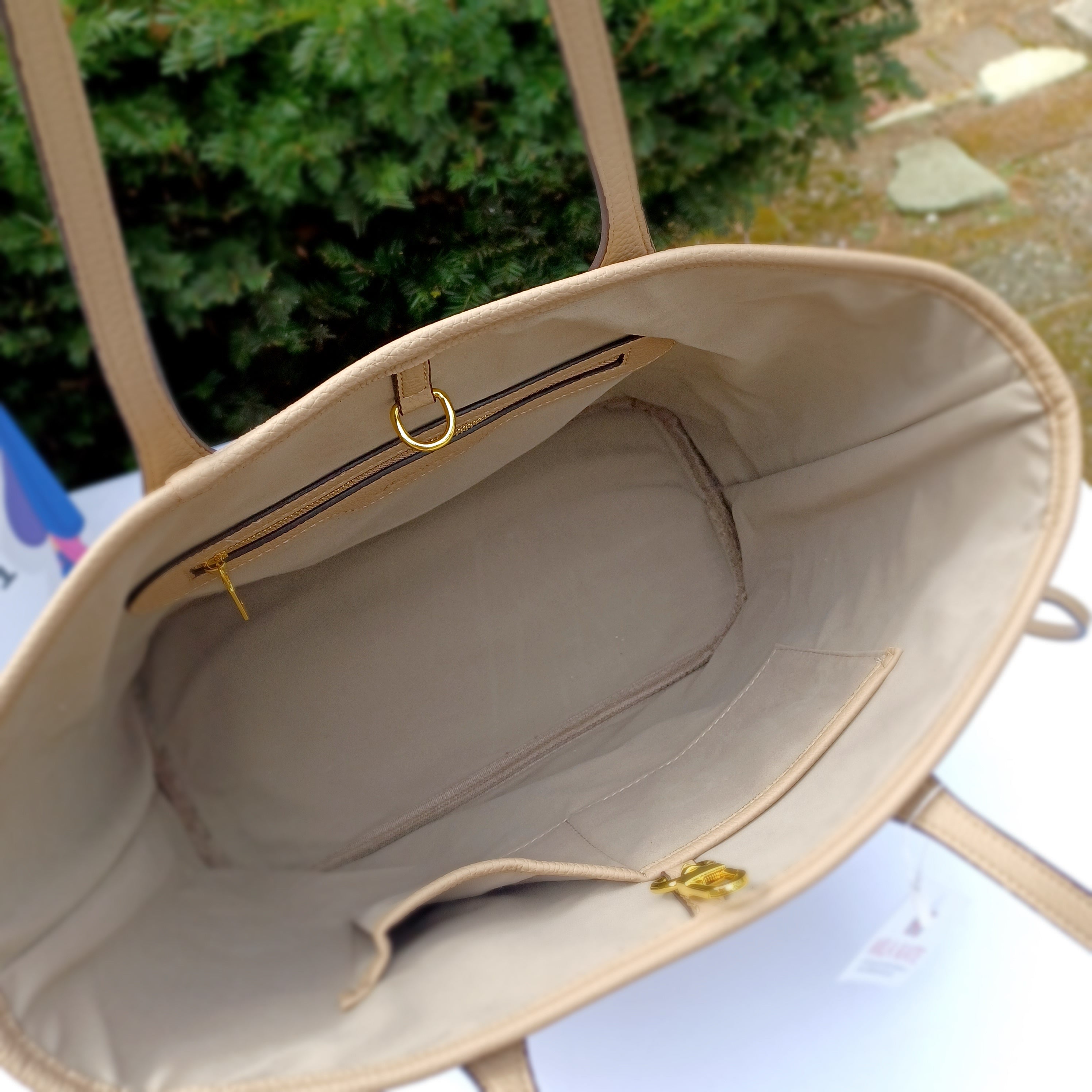 MilaKate Embossed Tote Bag with Wallet, Designer-Inspired. TaupeColor-LargePrint.