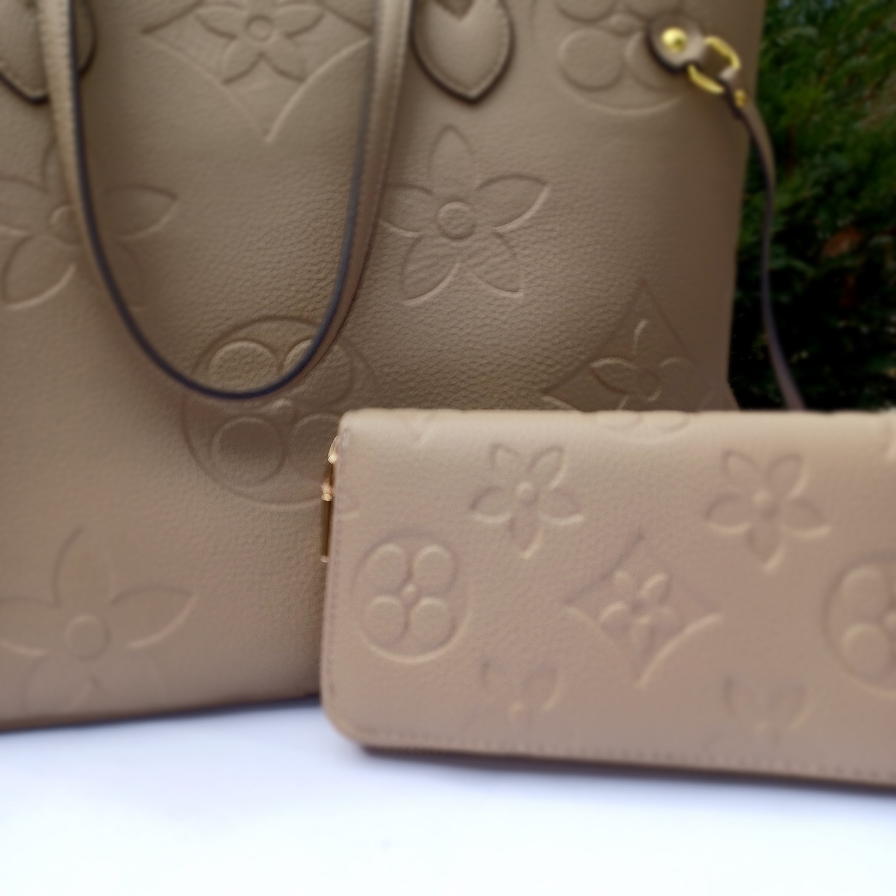 MilaKate Embossed Tote Bag with Wallet, Designer-Inspired. TaupeColor-LargePrint.