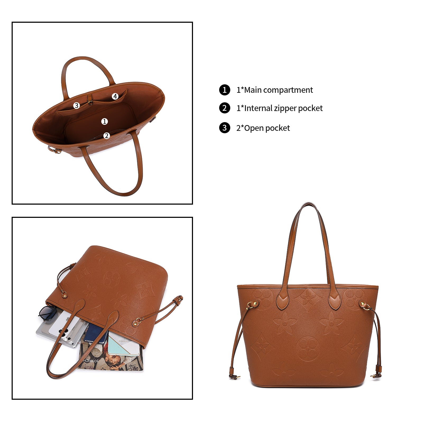MilaKate Embossed Shoulder Bag with Wallet, Designer-Inspired Tote. BrownLargePrint
