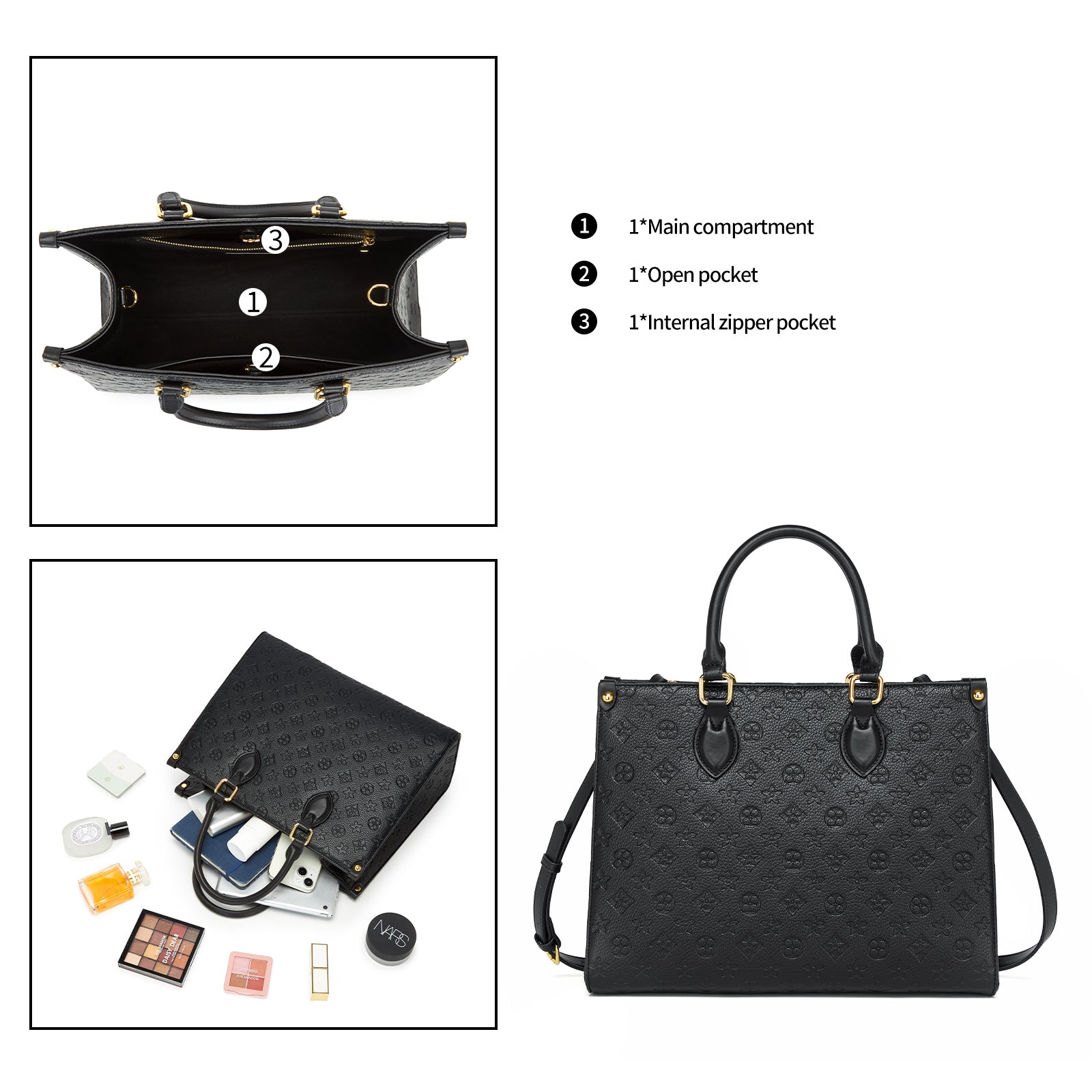 Designer-Inspired Onthego Style Top Handle Bag with Wallet & Crossbody Strap – Embossed Checkered. 9099BKS