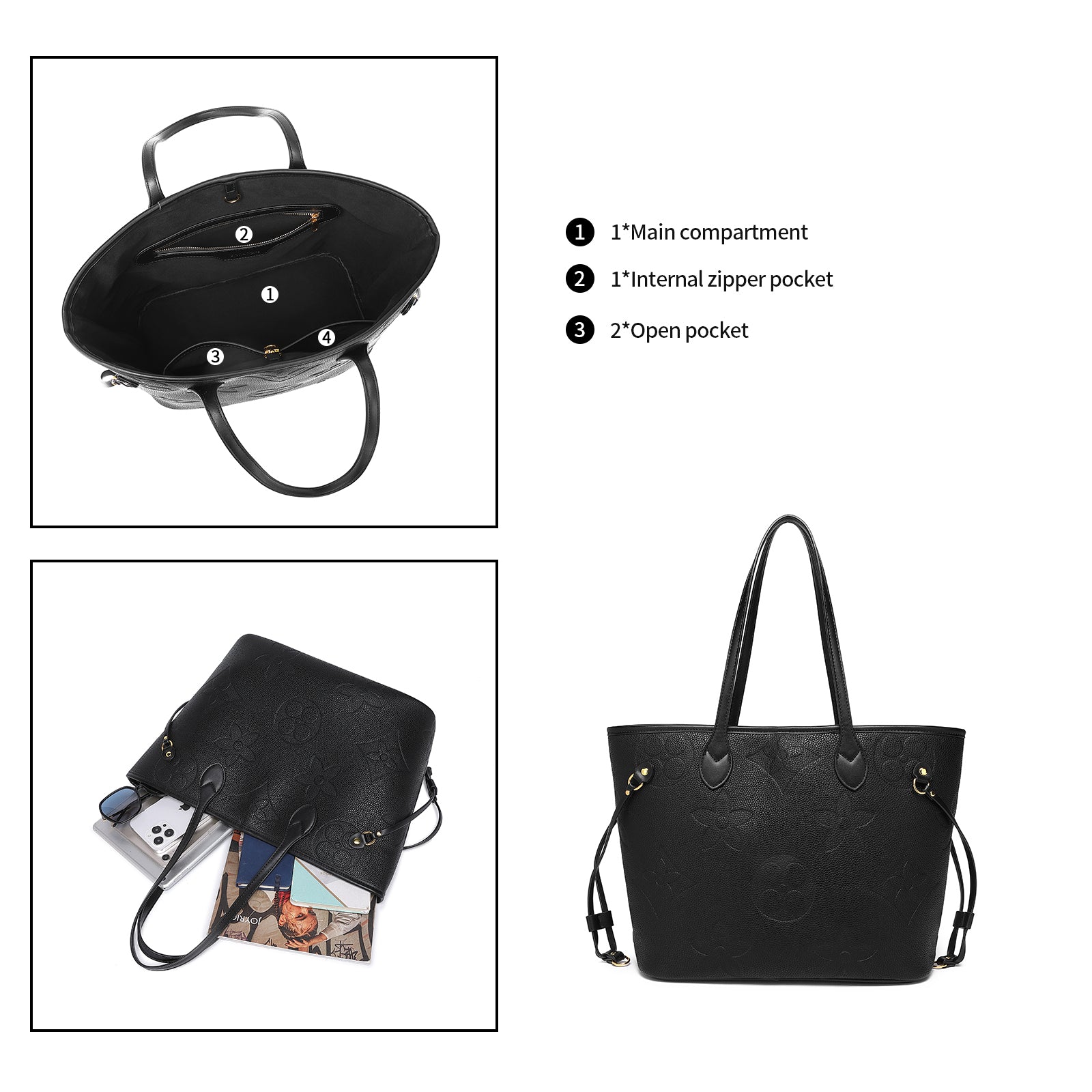 MilaKate Embossed Shoulder Bag with Wallet, Designer-Inspired Tote. 8096BKL