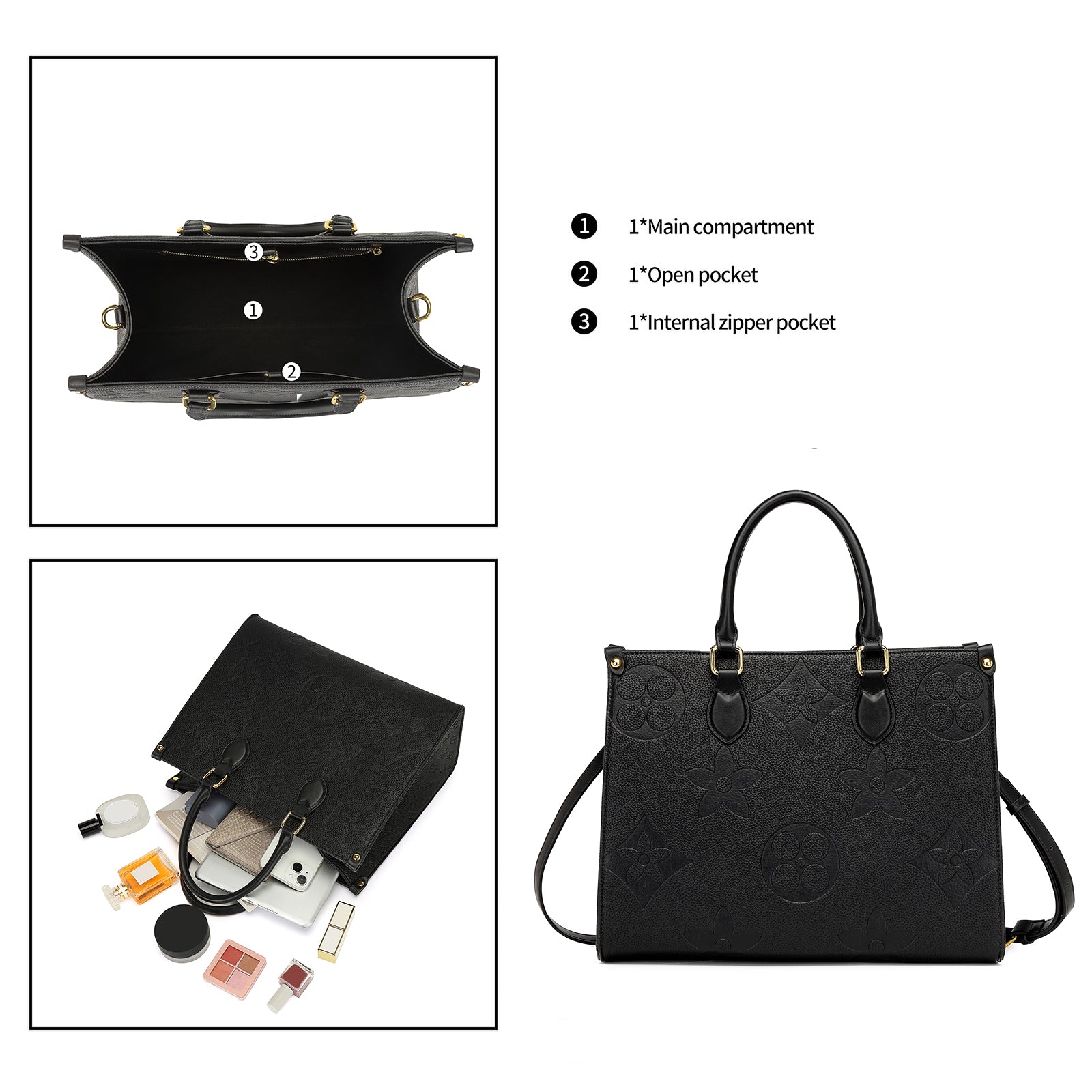Designer-Inspired Onthego Style Tote Bag with Wallet & Crossbody Strap – Embossed Checkered Large Shoulder Bag9099BKL