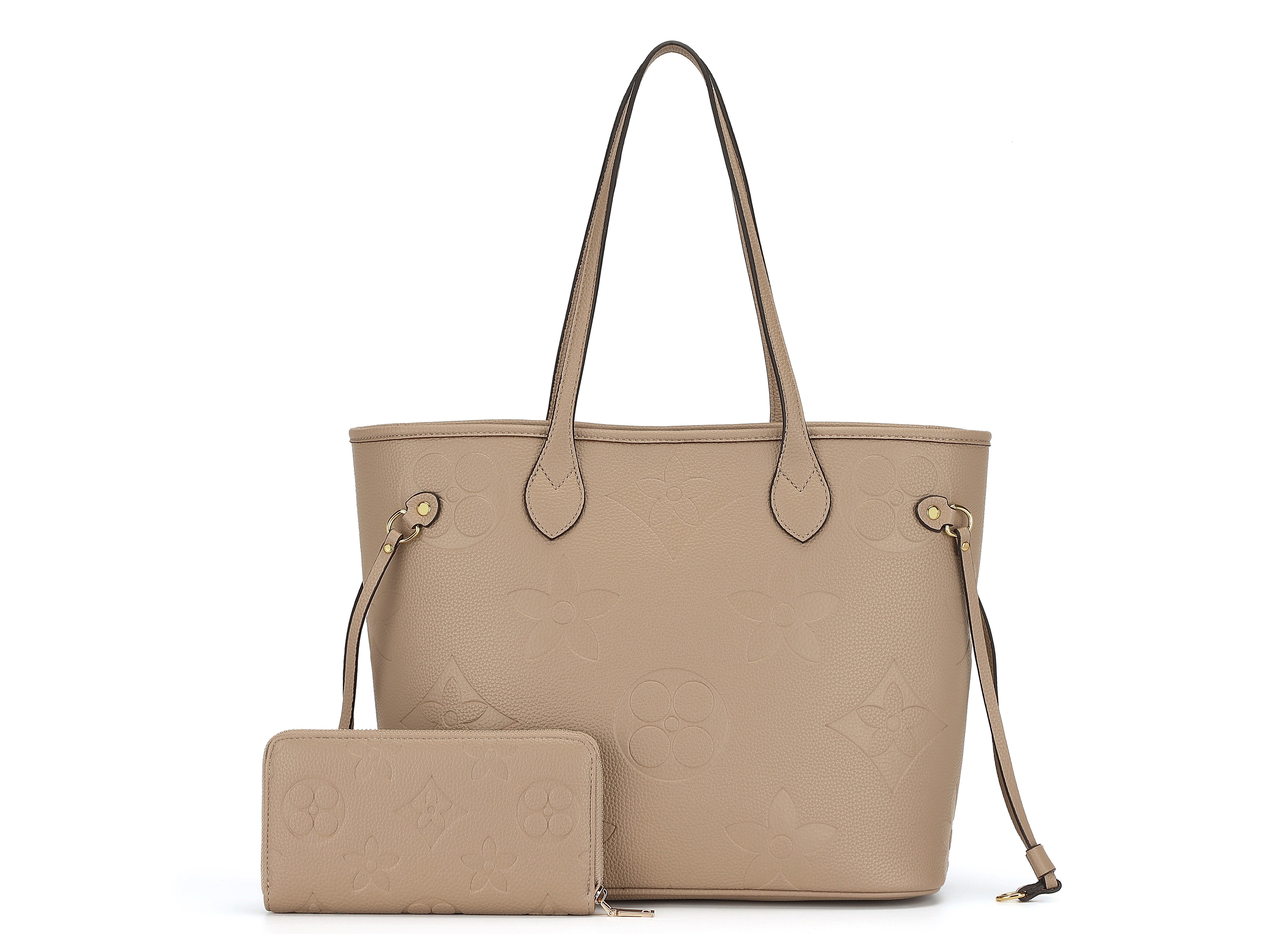 MilaKate Embossed Tote Bag with Wallet, Designer-Inspired. TaupeColor-LargePrint.