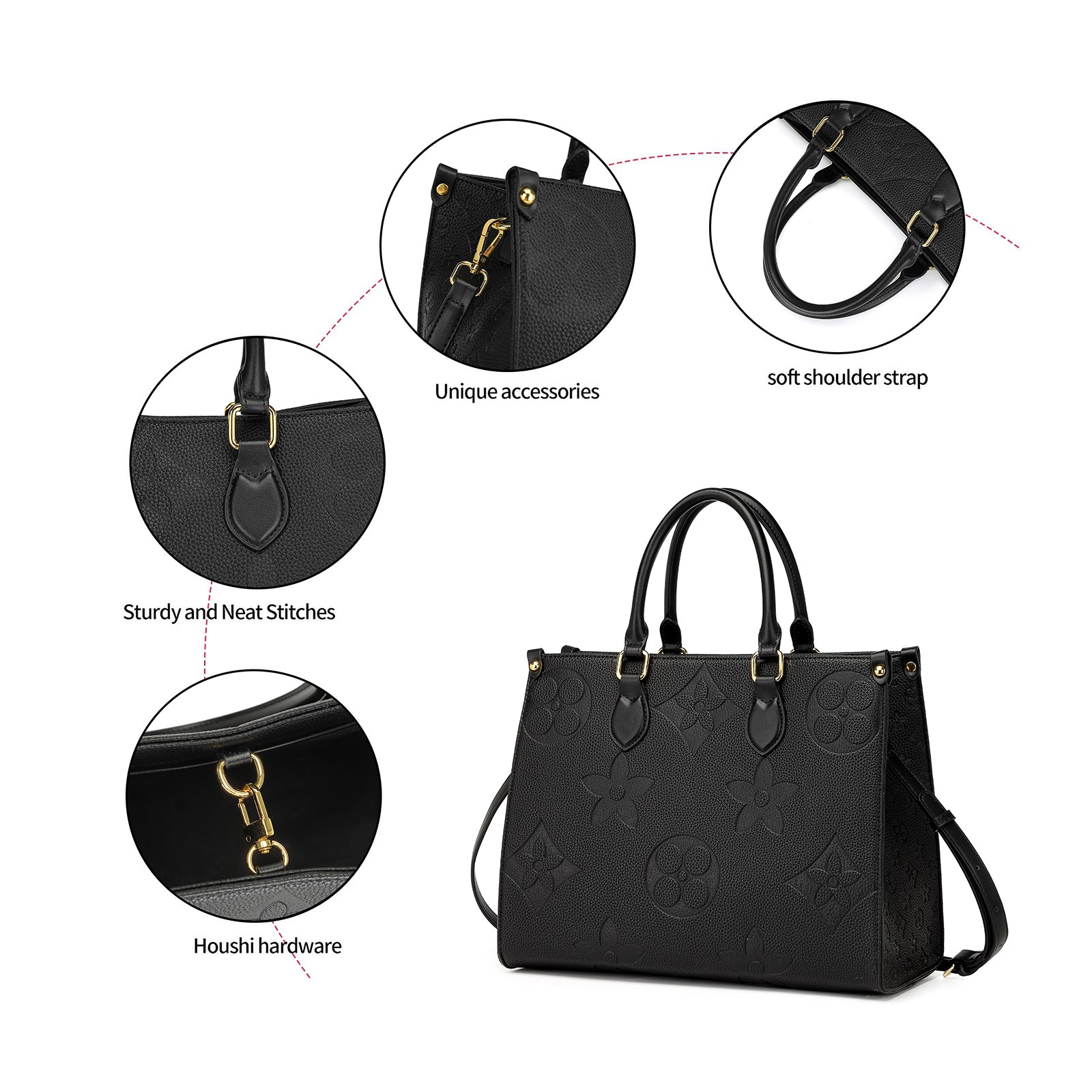Designer-Inspired Onthego Style Tote Bag with Wallet & Crossbody Strap – Embossed Checkered Large Shoulder Bag9099BKL