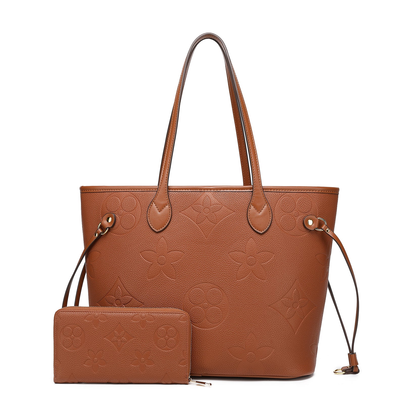 MilaKate Embossed Shoulder Bag with Wallet, Designer-Inspired Tote. BrownLargePrint