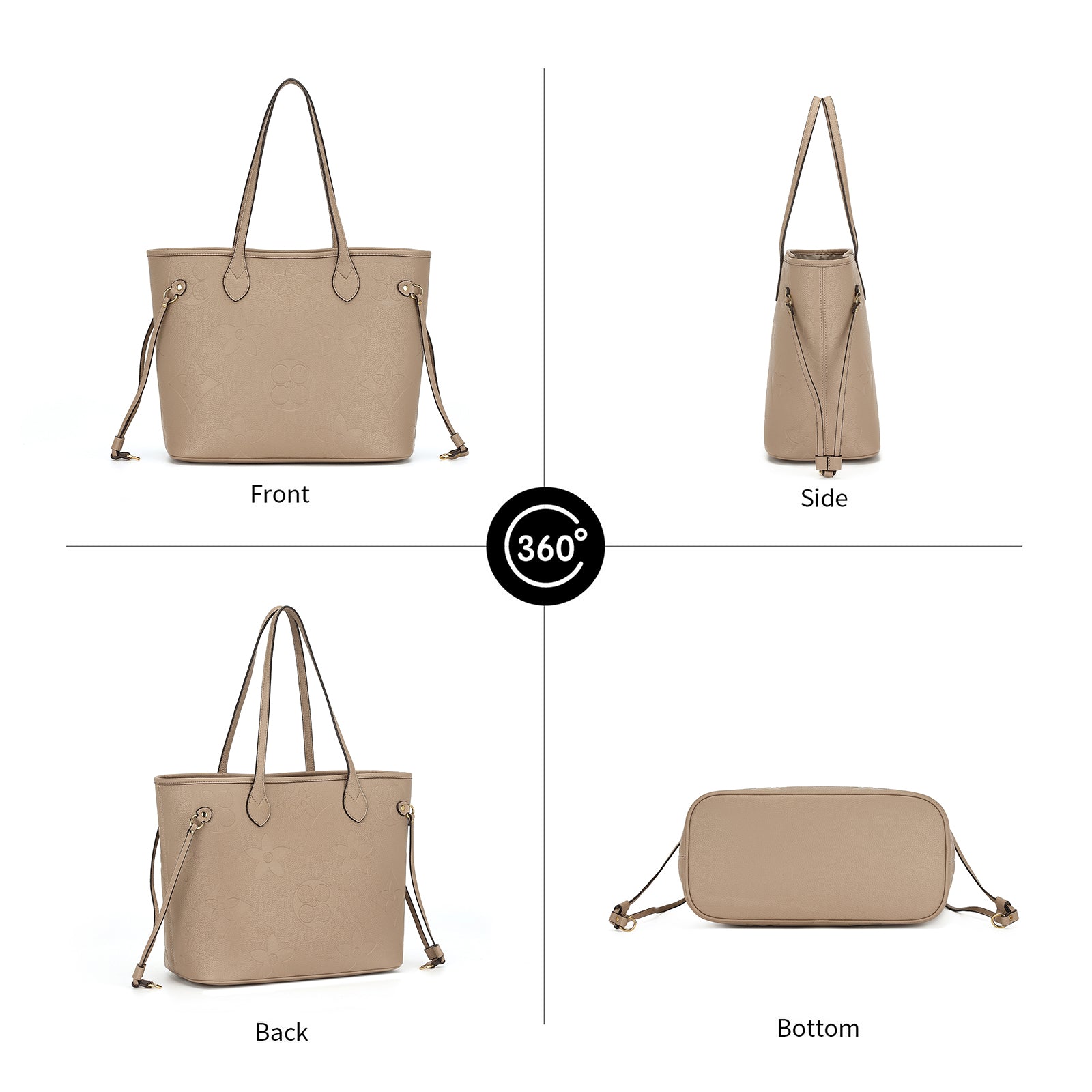MilaKate Embossed Tote Bag with Wallet, Designer-Inspired. TaupeColor-LargePrint.