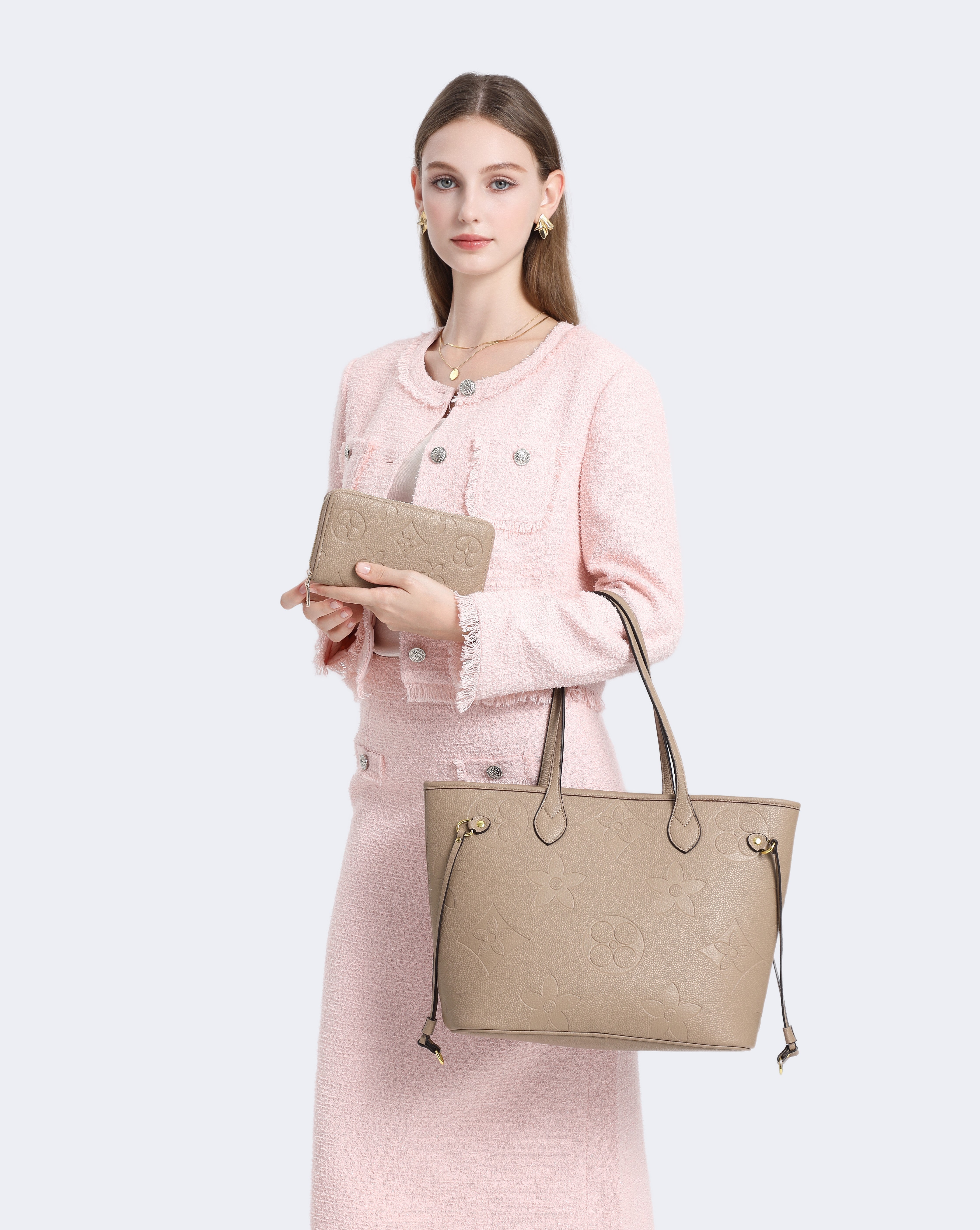 MilaKate Embossed Tote Bag with Wallet, Designer-Inspired. TaupeColor-LargePrint.