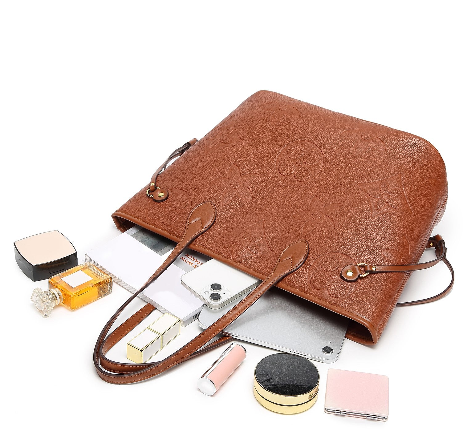 MilaKate Embossed Shoulder Bag with Wallet, Designer-Inspired Tote. BrownLargePrint