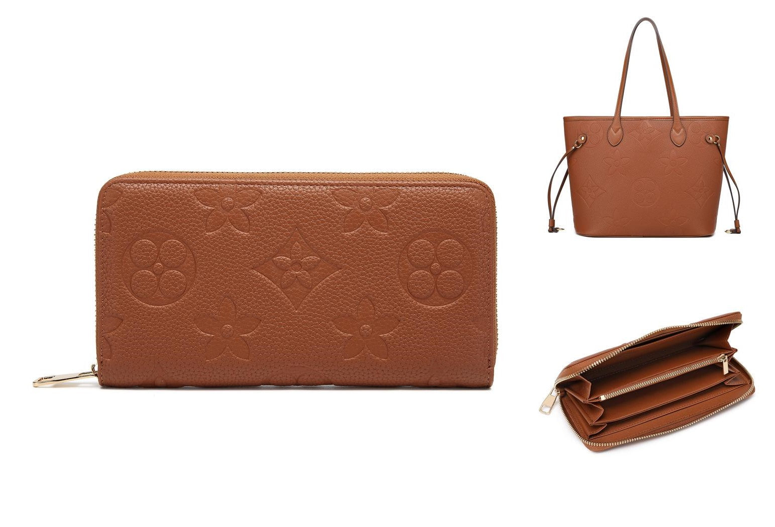 MilaKate Embossed Shoulder Bag with Wallet, Designer-Inspired Tote. BrownLargePrint